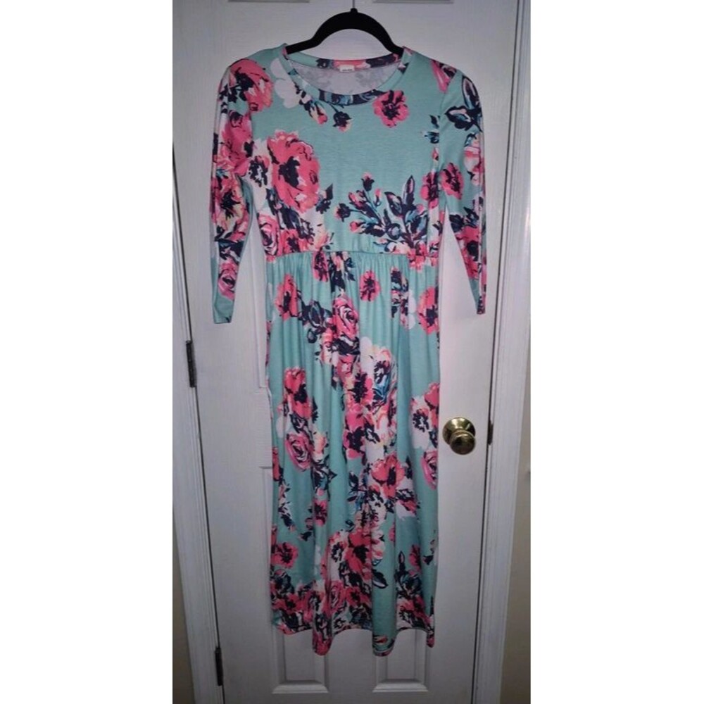 21KIDS Floral Empire Waist Maxi Dress Mint Green Pink Size 12 Girls - Picture 5 of 5